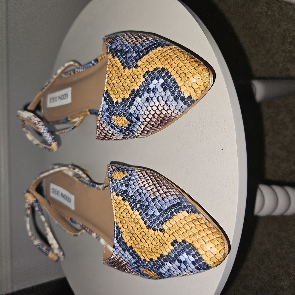 Snakeskin ankle strap flats